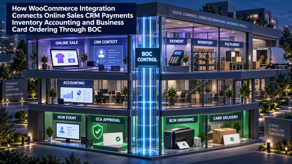 How WooCommerce Integration Connects Online Sales, CRM, Payments, Inventory, Accounting, and Business Card Ordering Through BOC
