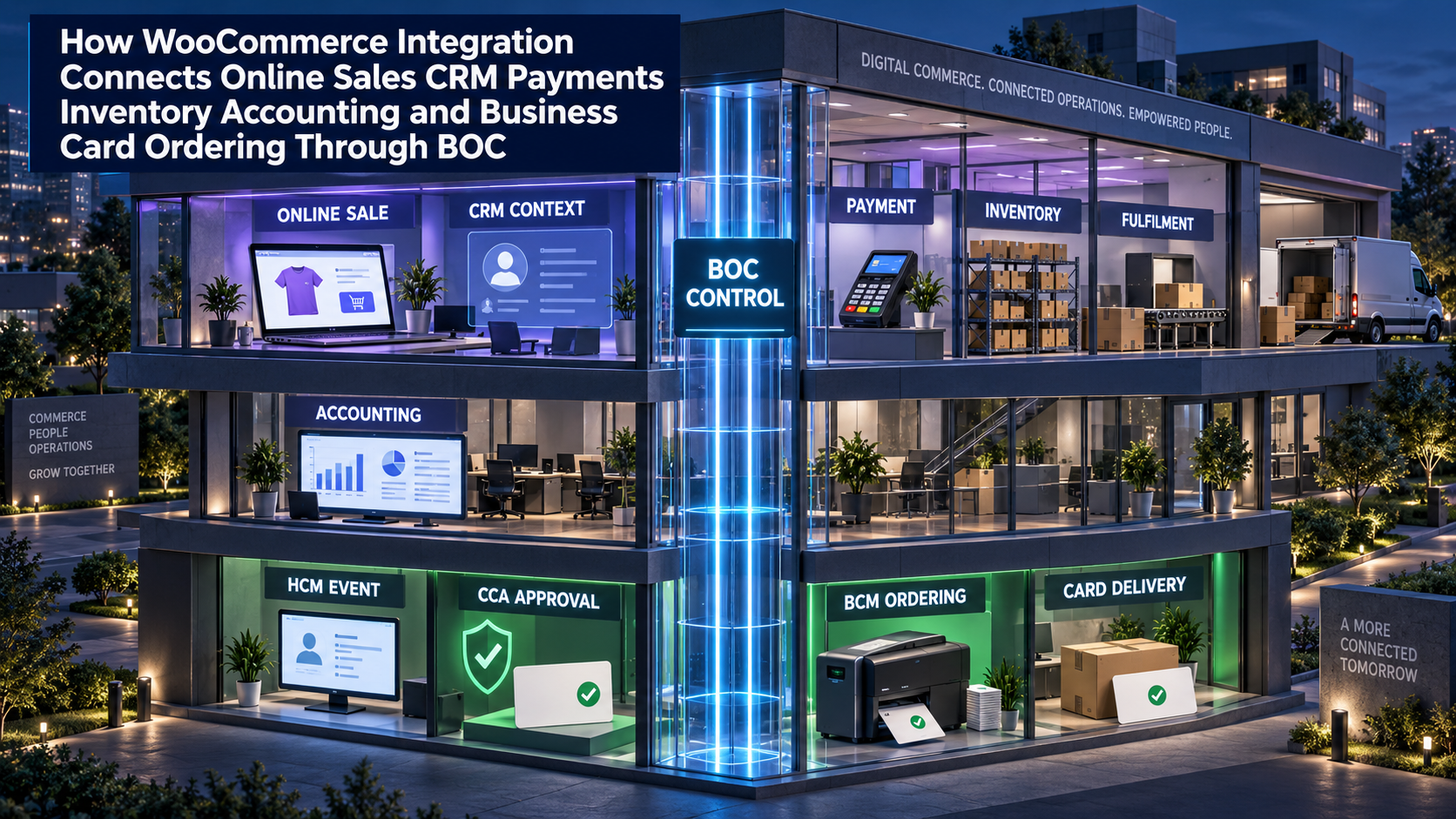 How WooCommerce Integration Connects Online Sales, CRM, Payments, Inventory, Accounting, and Business Card Ordering Through BOC