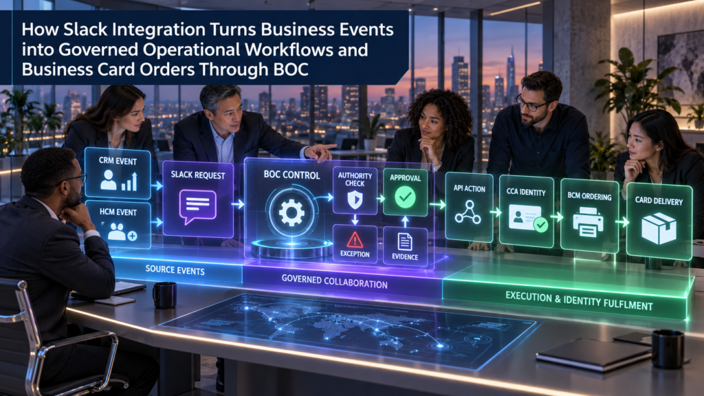 How Slack Integration Turns Business Events into Governed Operational Workflows and Business Card Orders Through BOC