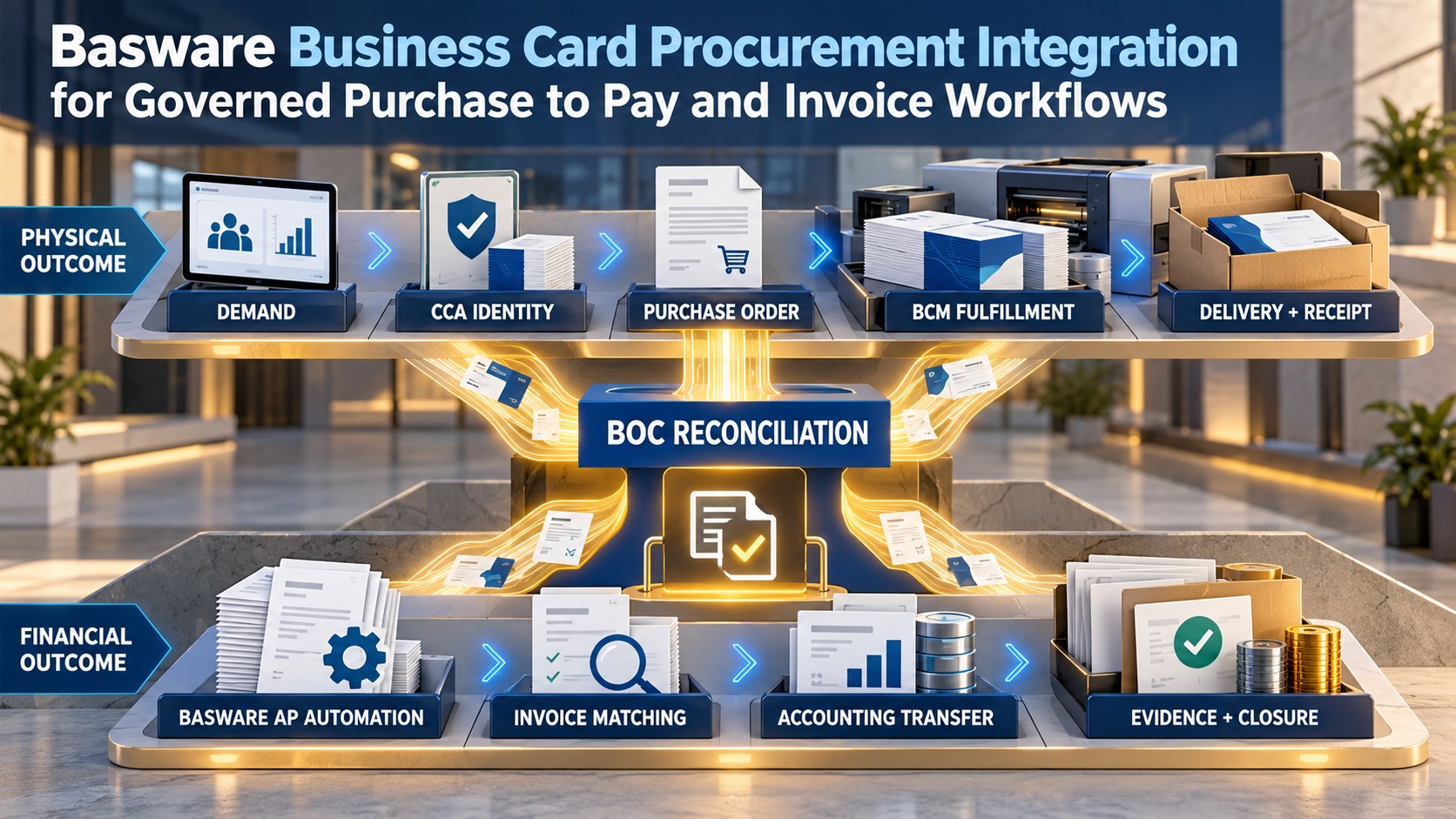 Basware business card procurement integration connecting demand, CCA identity, purchase order, BCM fulfillment and invoice matching through BOC reconciliation