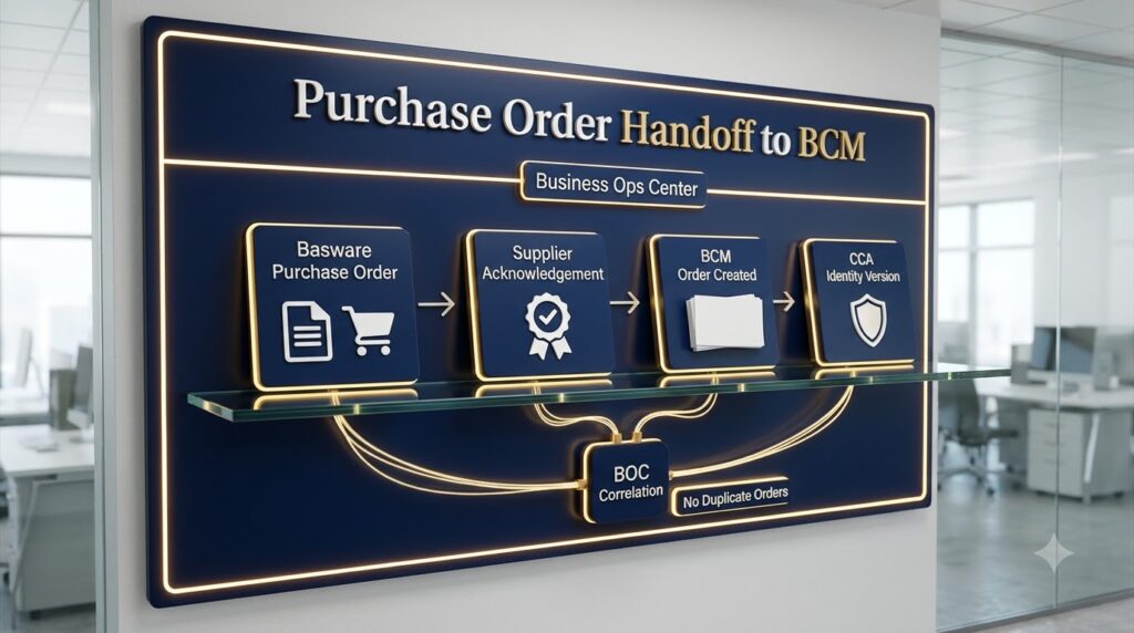 Basware purchase order handoff to BCM with supplier acknowledgement and CCA identity version correlated by BOC to prevent duplicate orders