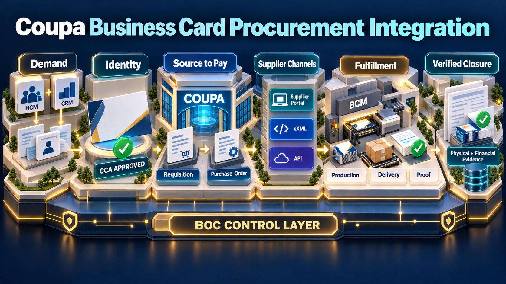 Coupa business card procurement integration flow from demand and identity through Coupa source to pay to BCM fulfillment and verified closure on the BOC control layer