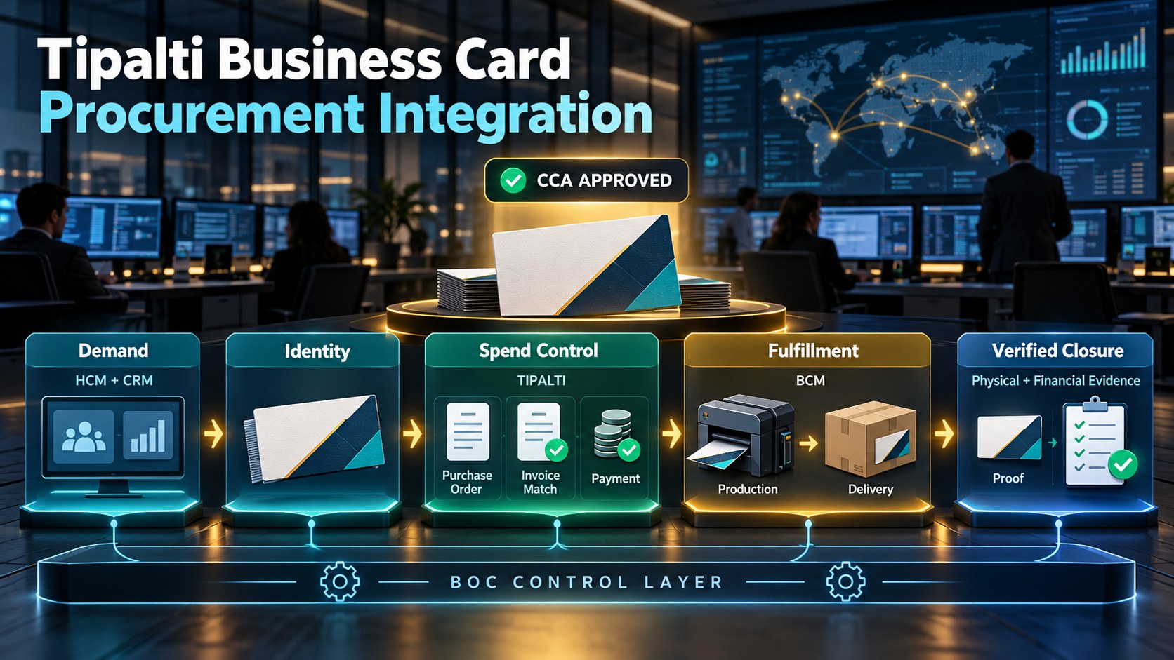 Tipalti business card procurement integration showing demand, CCA identity, Tipalti spend control, BCM fulfillment and verified closure connected through the BOC control layer
