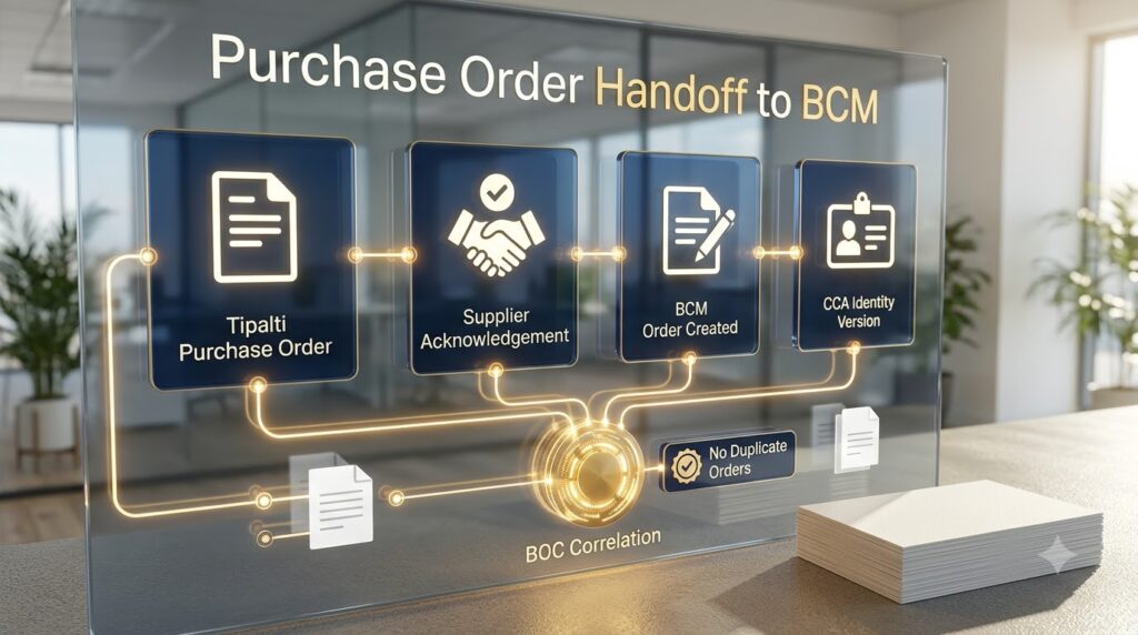 Tipalti purchase order handoff to BCM showing supplier acknowledgement, BCM order creation and CCA identity version correlated by BOC to prevent duplicate orders